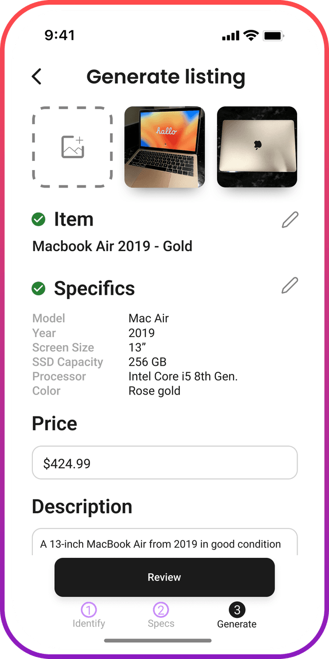 Instant Listing App - Generate listing screen